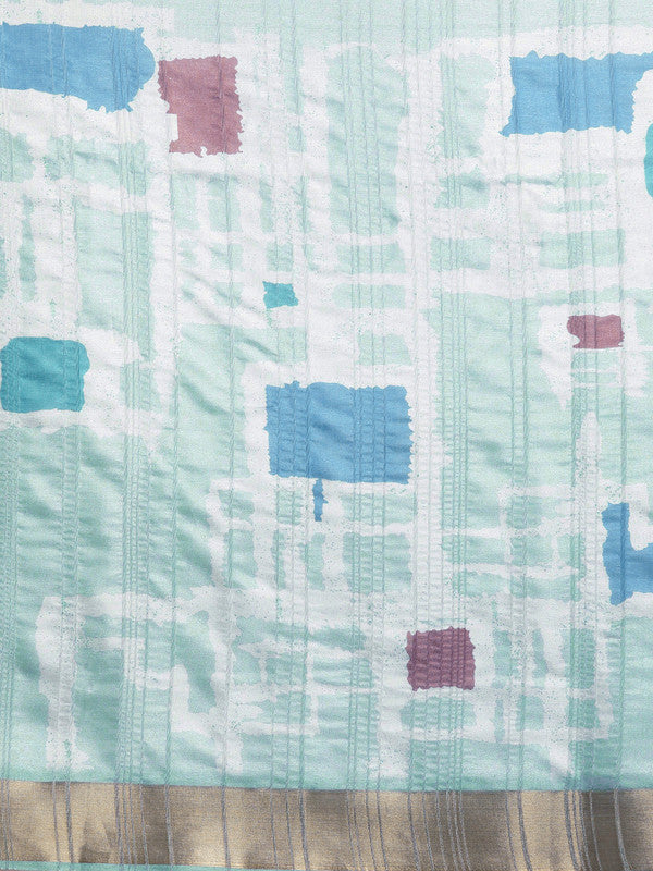 Turquoise Silk Blend Printed Geomatric Saree with Unstitched Blouse - Hiral Fashion | Swadesiicart