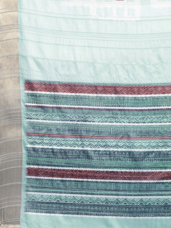 Turquoise Silk Blend Printed Geomatric Saree with Unstitched Blouse - Hiral Fashion | Swadesiicart
