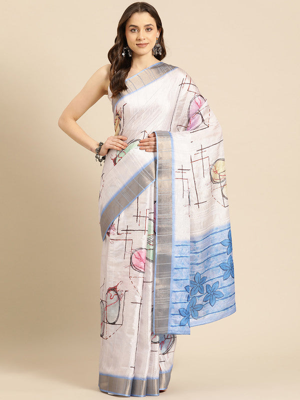White Silk Blend Printed Geomatric Saree with Unstitched Blouse - Hiral Fashion | Swadesiicart