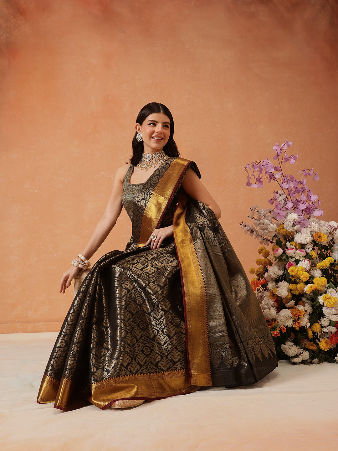Hiral Fashion Black Kanjeevaram Banarasi Silk Ikkat Woven Design Saree | Swadesiicart
