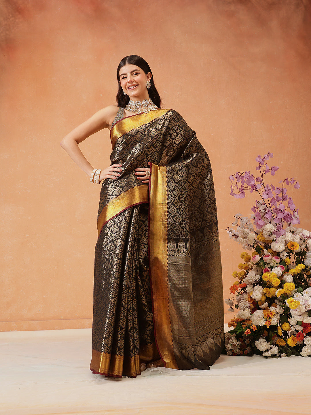 Hiral Fashion Black Kanjeevaram Banarasi Silk Ikkat Woven Design Saree | Swadesiicart