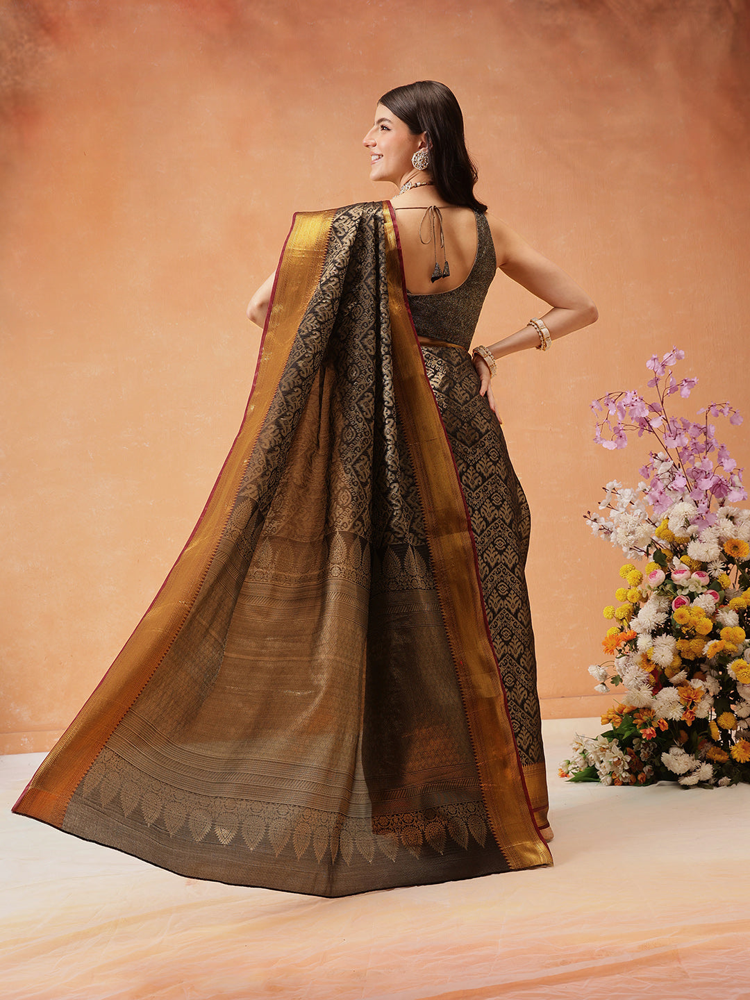 Hiral Fashion Black Kanjeevaram Banarasi Silk Ikkat Woven Design Saree | Swadesiicart