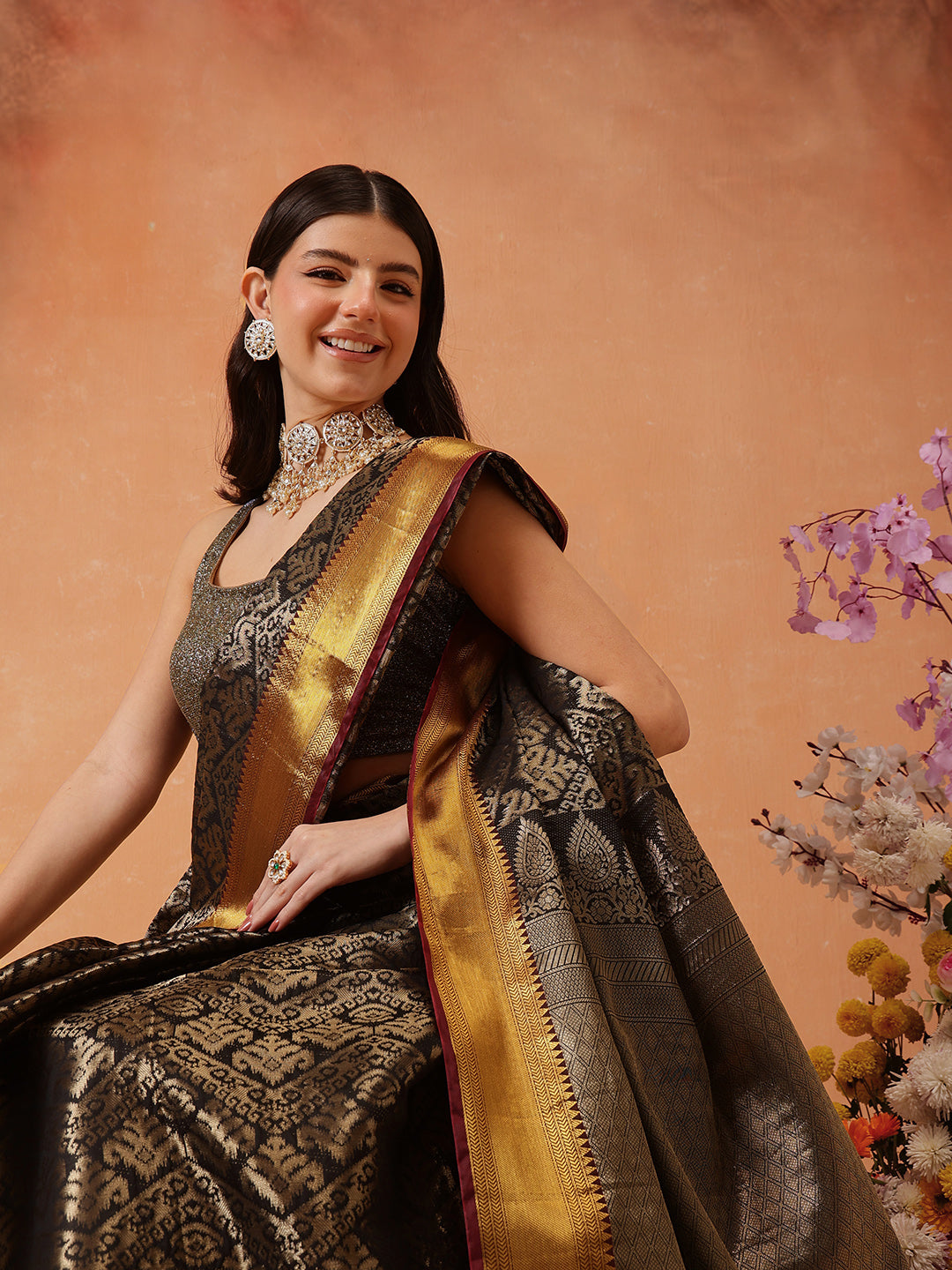 Hiral Fashion Black Kanjeevaram Banarasi Silk Ikkat Woven Design Saree | Swadesiicart