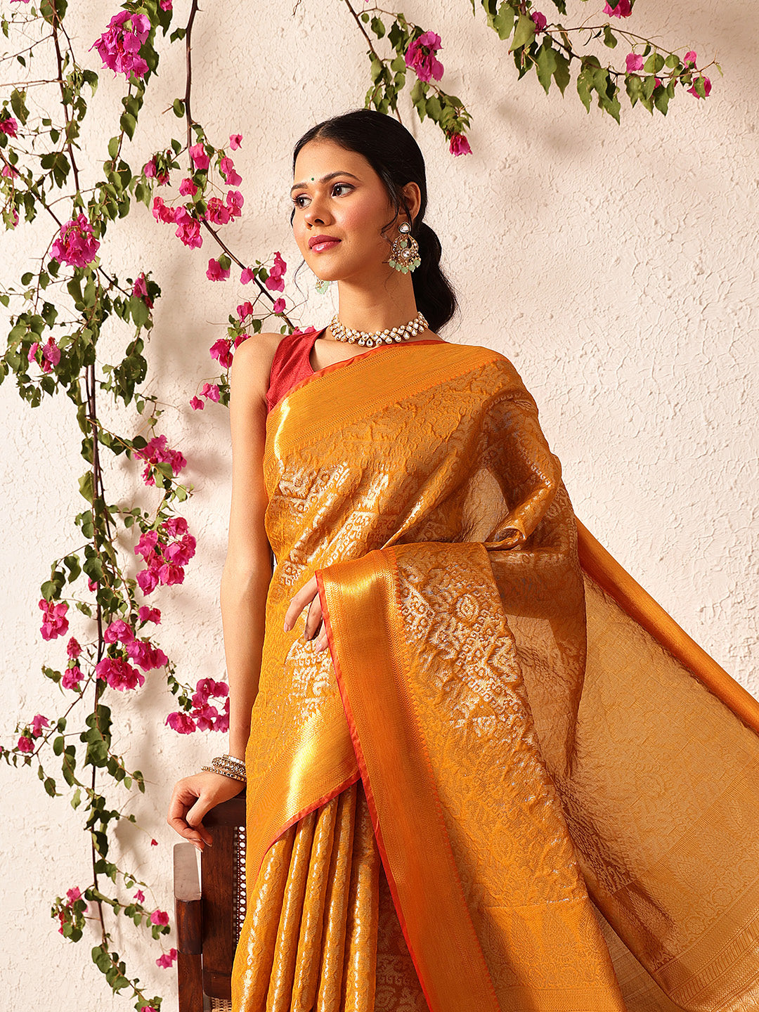Hiral Fashion Mustard Kanjeevaram Banarasi Silk Ikkat Woven Design Saree | Swadesiicart