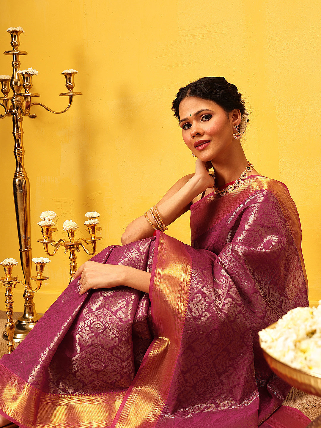Hiral Fashion Pink Kanjeevaram Banarasi Silk Ikkat Woven Design Saree | Swadesiicart