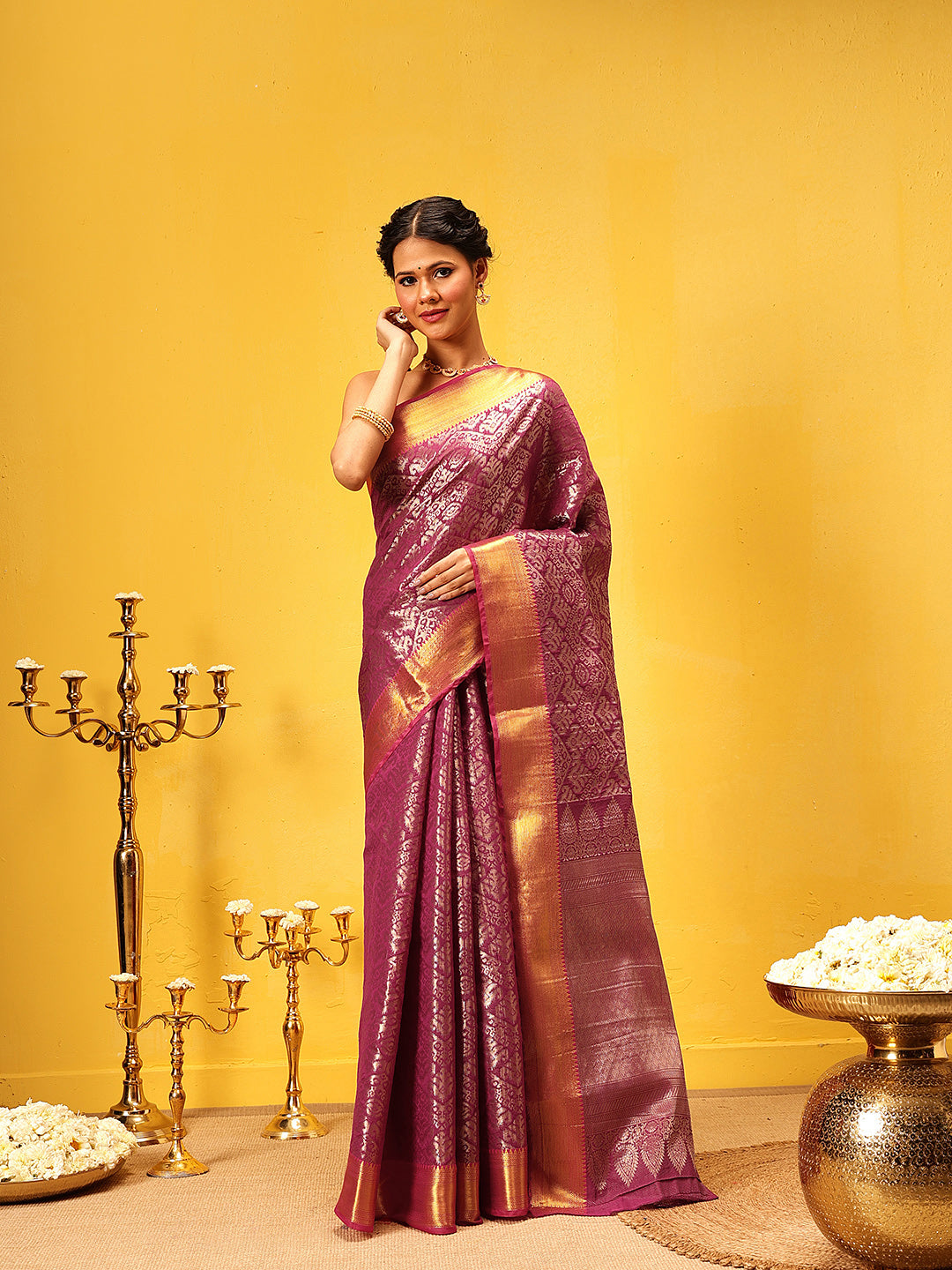 Hiral Fashion Pink Kanjeevaram Banarasi Silk Ikkat Woven Design Saree | Swadesiicart