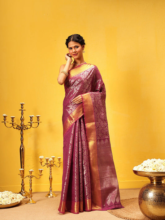 Hiral Fashion Pink Kanjeevaram Banarasi Silk Ikkat Woven Design Saree | Swadesiicart