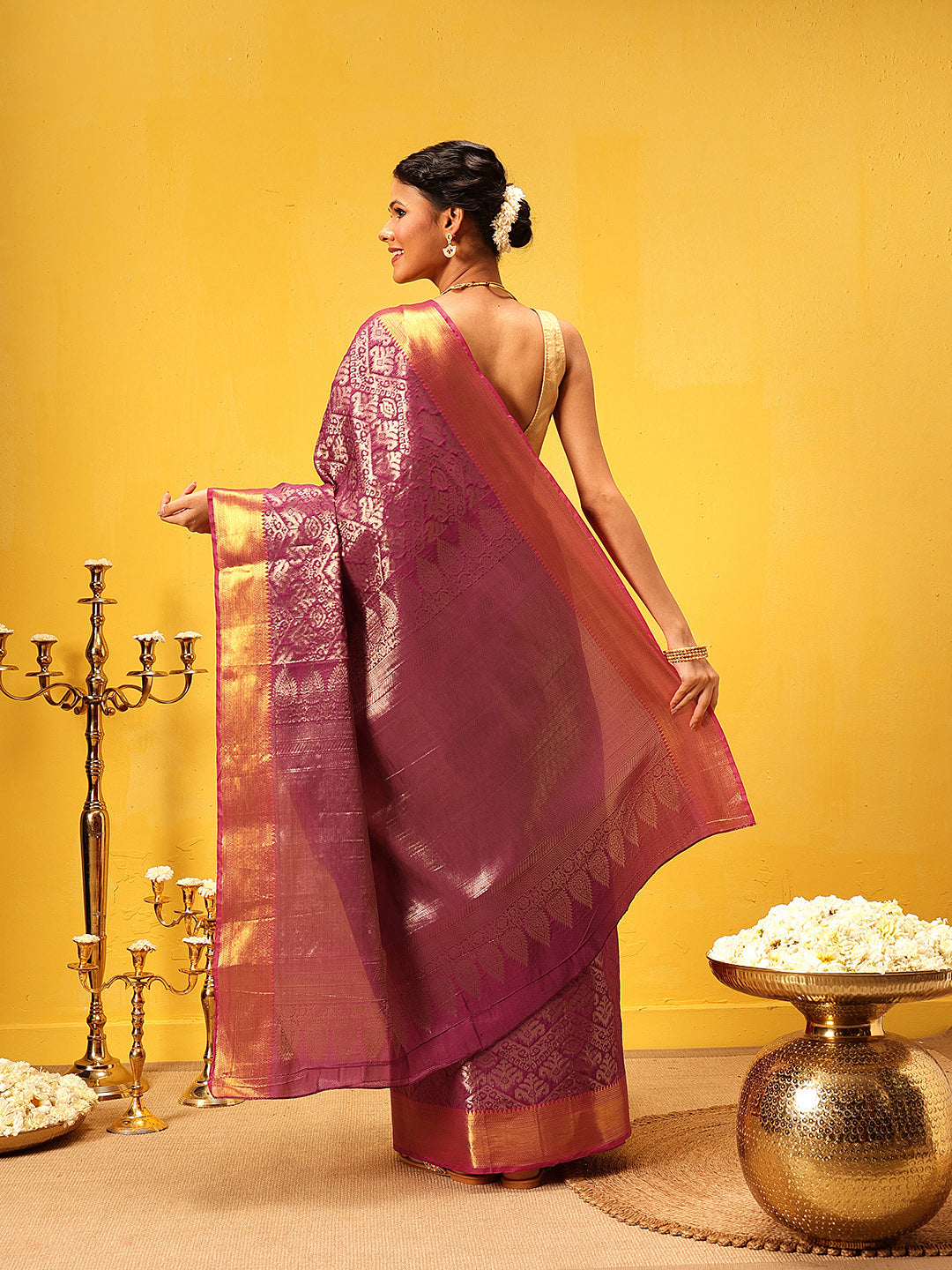 Hiral Fashion Pink Kanjeevaram Banarasi Silk Ikkat Woven Design Saree | Swadesiicart