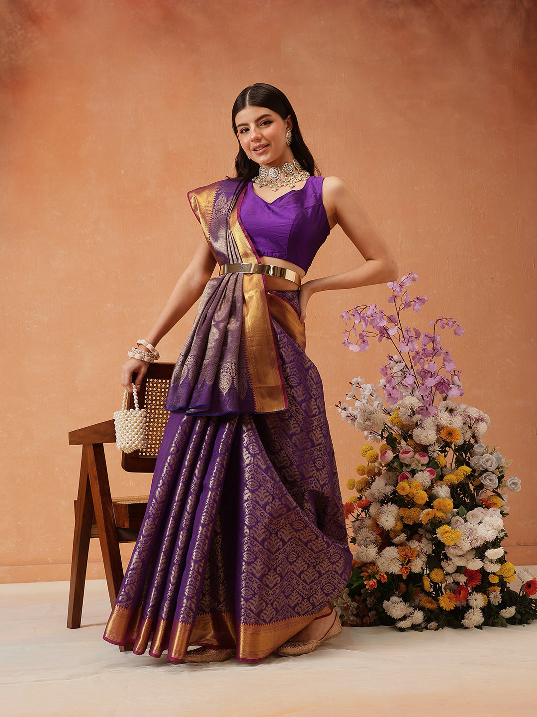 Hiral Fashion Purple Kanjeevaram Banarasi Silk Ikkat Woven Design Saree | Swadesiicart
