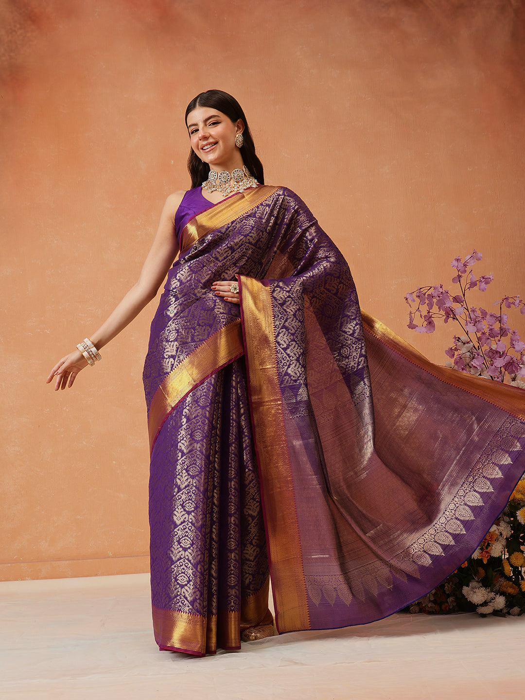 Hiral Fashion Purple Kanjeevaram Banarasi Silk Ikkat Woven Design Saree | Swadesiicart