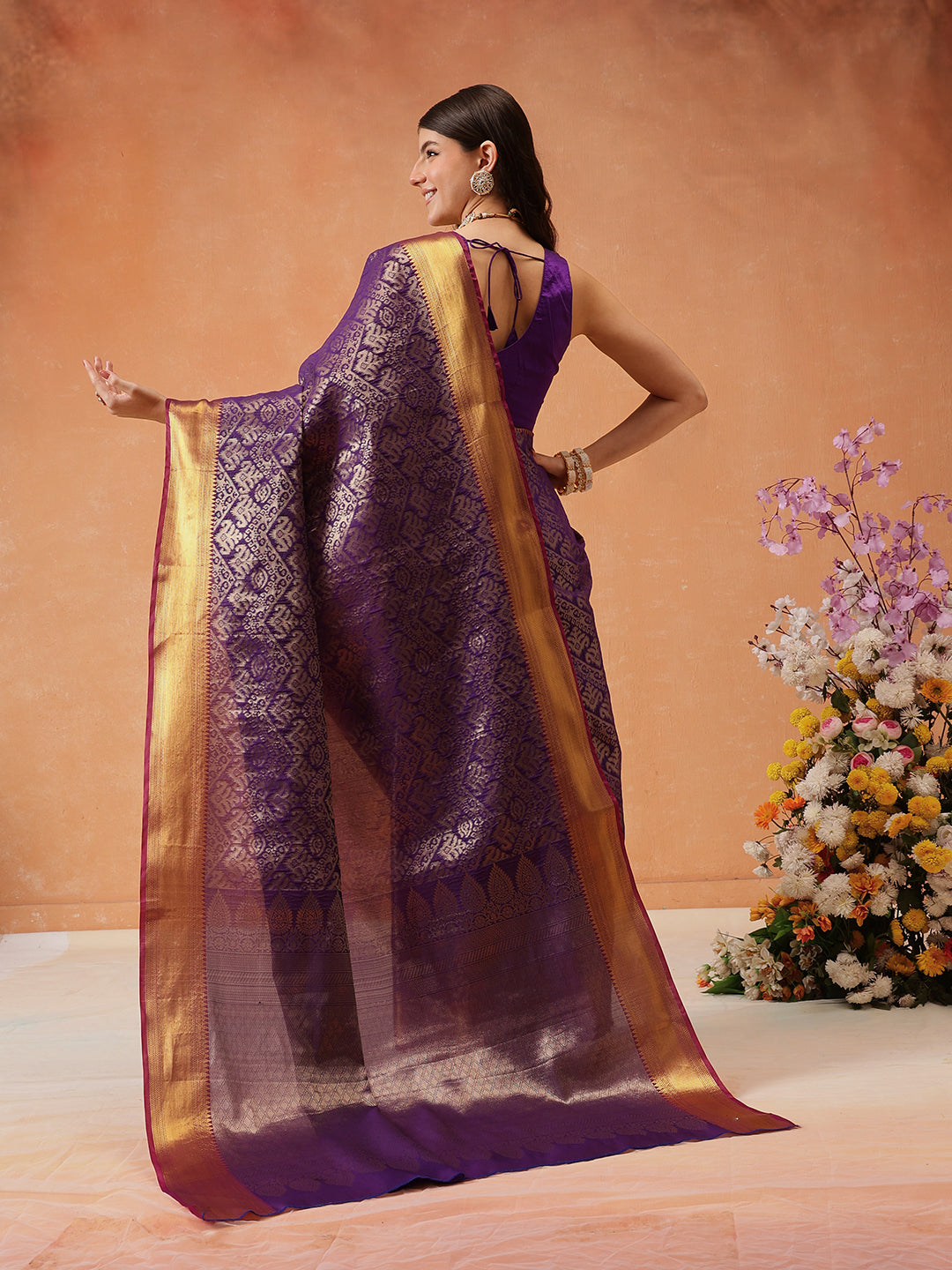 Hiral Fashion Purple Kanjeevaram Banarasi Silk Ikkat Woven Design Saree | Swadesiicart