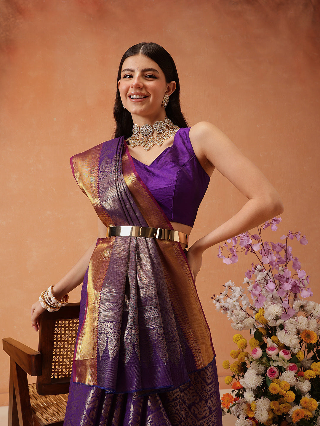 Hiral Fashion Purple Kanjeevaram Banarasi Silk Ikkat Woven Design Saree | Swadesiicart