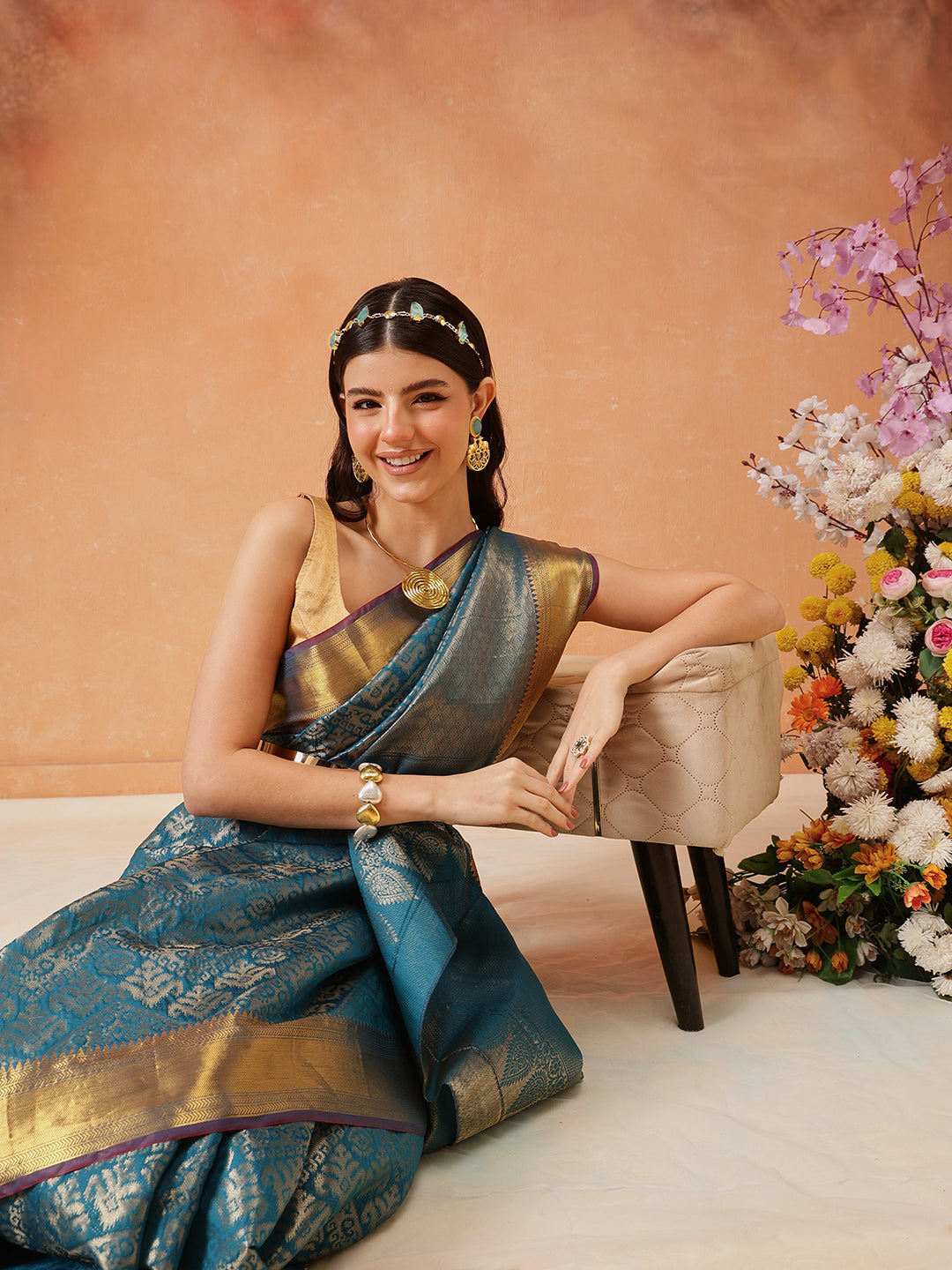 Hiral Fashion Teal Kanjeevaram Banarasi Silk Ikkat Woven Design Saree | Swadesiicart