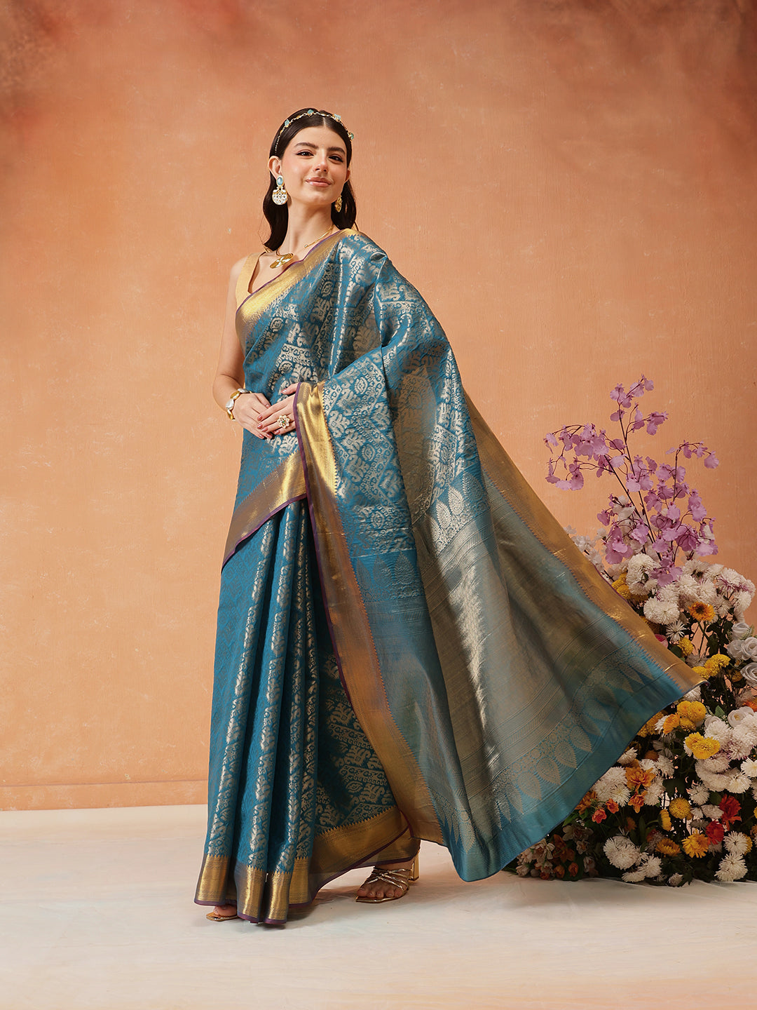 Hiral Fashion Teal Kanjeevaram Banarasi Silk Ikkat Woven Design Saree | Swadesiicart