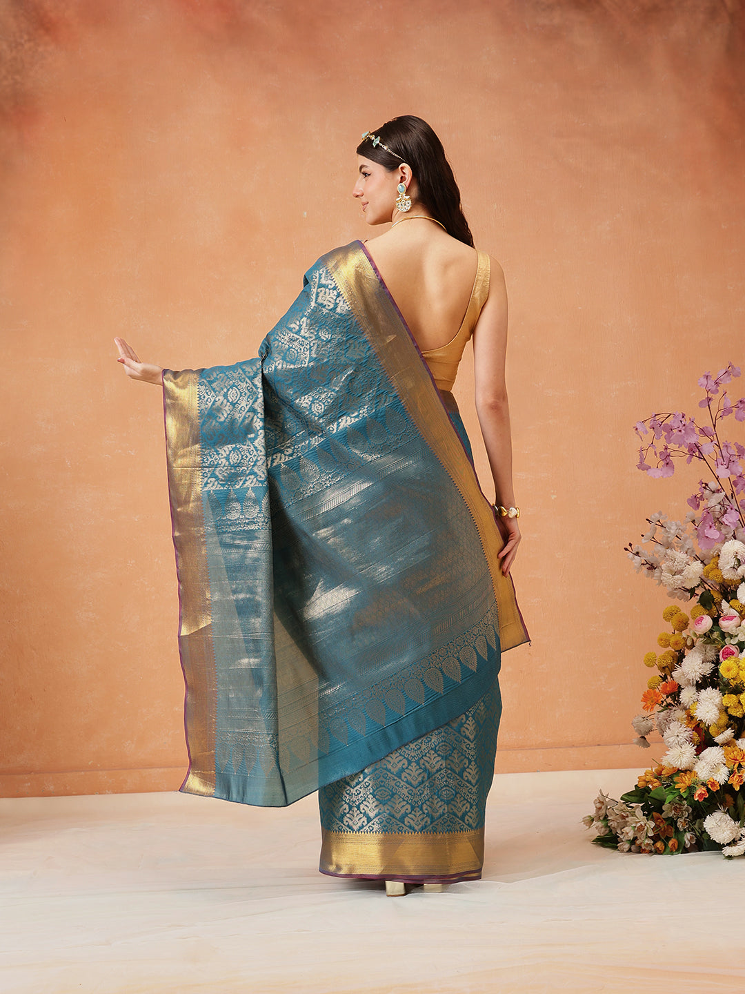 Hiral Fashion Teal Kanjeevaram Banarasi Silk Ikkat Woven Design Saree | Swadesiicart