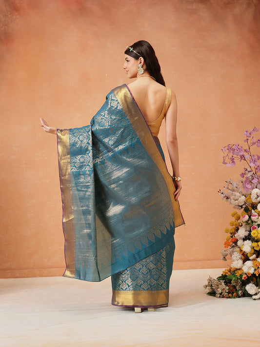 Hiral Fashion Teal Kanjeevaram Banarasi Silk Ikkat Woven Design Saree | Swadesiicart