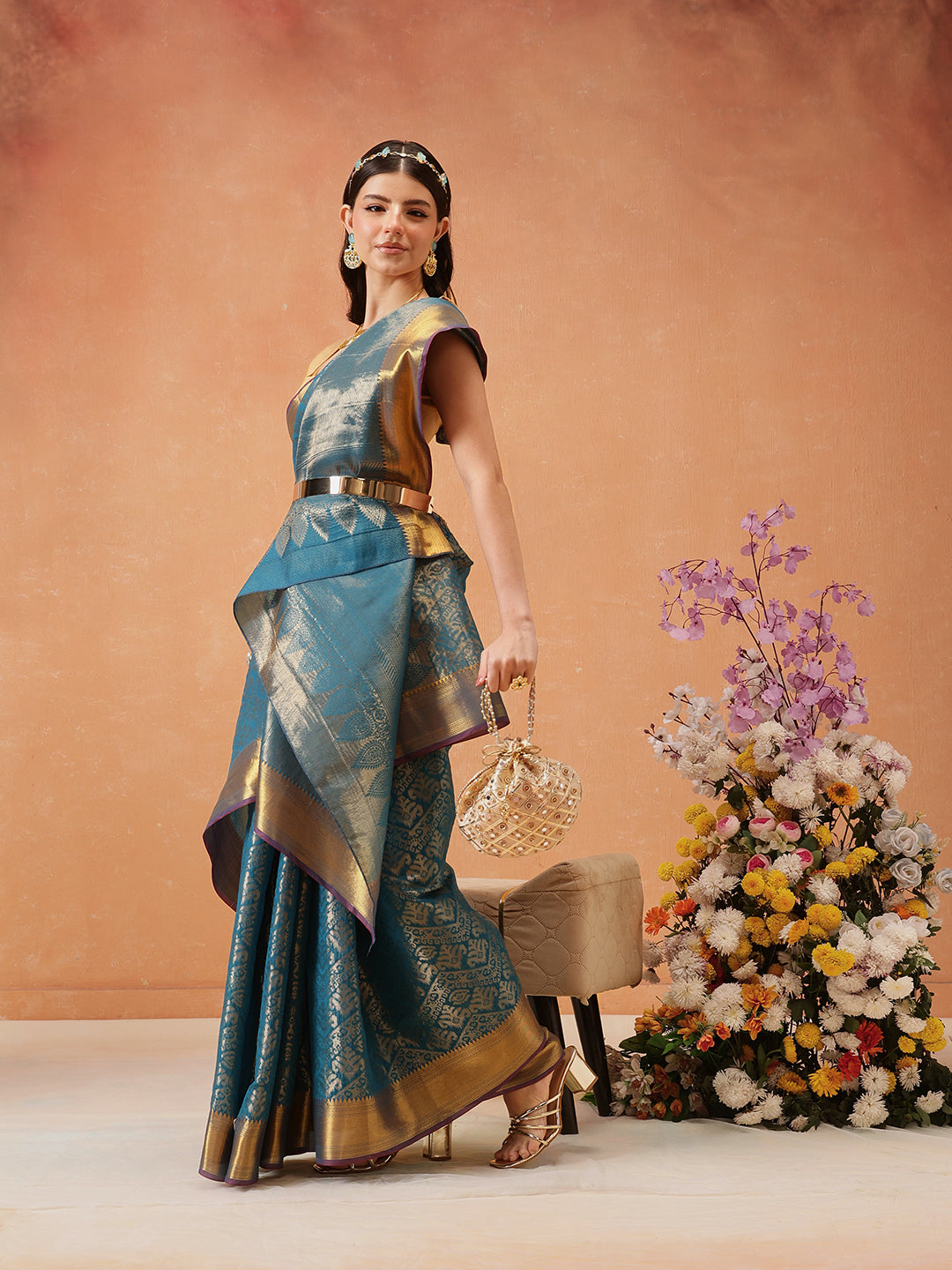 Hiral Fashion Teal Kanjeevaram Banarasi Silk Ikkat Woven Design Saree | Swadesiicart