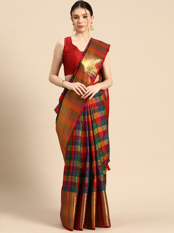 Multicolor Kanjeevaram Silk ColorBlock Checked Saree with Unstitched Blouse - Hiral Fashion | Swadesiicart