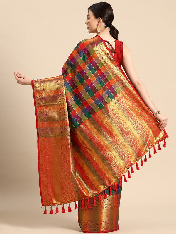 Multicolor Kanjeevaram Silk ColorBlock Checked Saree with Unstitched Blouse - Hiral Fashion | Swadesiicart
