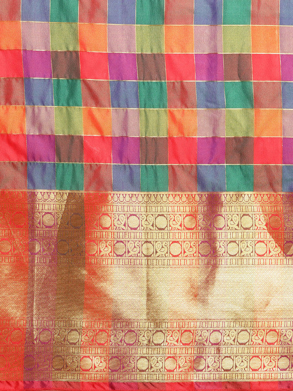 Multicolor Kanjeevaram Silk ColorBlock Checked Saree with Unstitched Blouse - Hiral Fashion | Swadesiicart