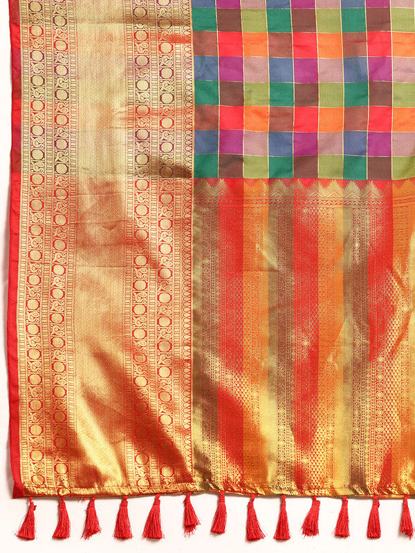 Multicolor Kanjeevaram Silk ColorBlock Checked Saree with Unstitched Blouse - Hiral Fashion | Swadesiicart