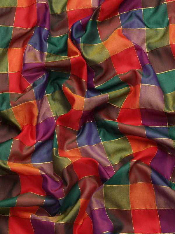 Multicolor Kanjeevaram Silk ColorBlock Checked Saree with Unstitched Blouse - Hiral Fashion | Swadesiicart