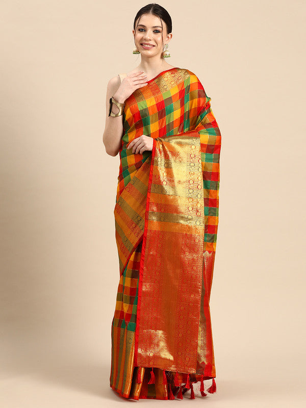 Multicolor Kanjeevaram Silk ColorBlock Checked Saree with Unstitched Blouse - Hiral Fashion | Swadesiicart
