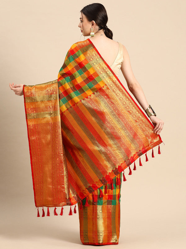 Multicolor Kanjeevaram Silk ColorBlock Checked Saree with Unstitched Blouse - Hiral Fashion | Swadesiicart