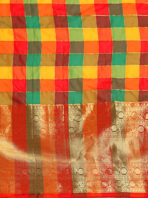 Multicolor Kanjeevaram Silk ColorBlock Checked Saree with Unstitched Blouse - Hiral Fashion | Swadesiicart