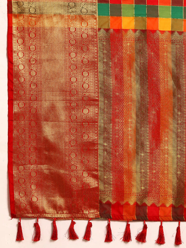 Multicolor Kanjeevaram Silk ColorBlock Checked Saree with Unstitched Blouse - Hiral Fashion | Swadesiicart