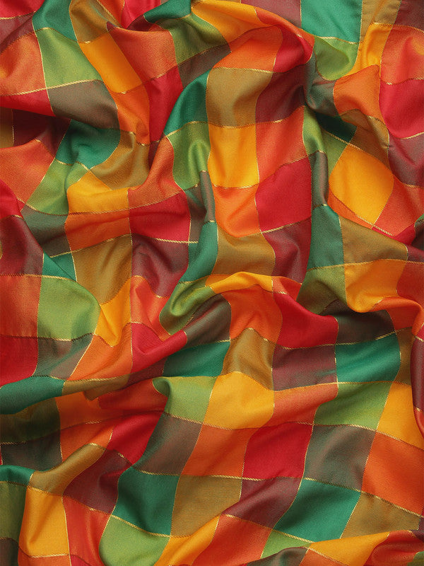 Multicolor Kanjeevaram Silk ColorBlock Checked Saree with Unstitched Blouse - Hiral Fashion | Swadesiicart