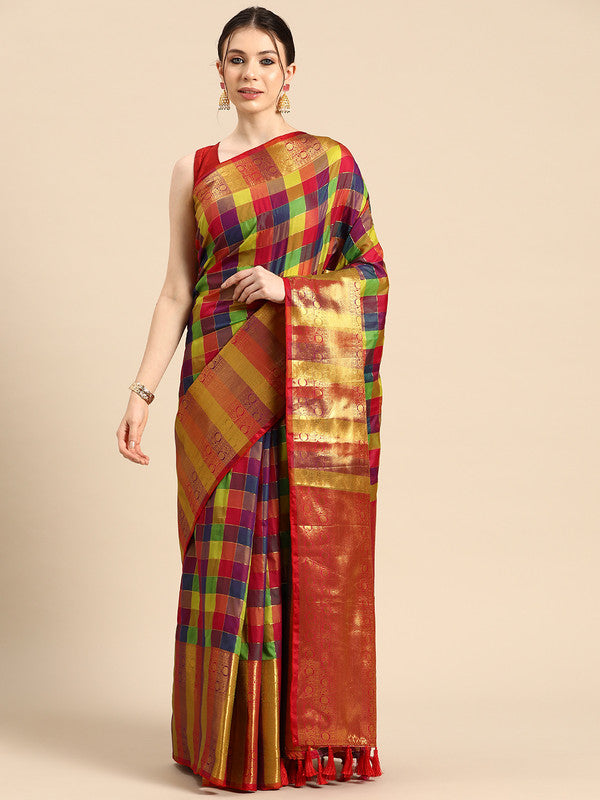 Multicolor Kanjeevaram Silk ColorBlock Checked Saree with Unstitched Blouse - Hiral Fashion | Swadesiicart