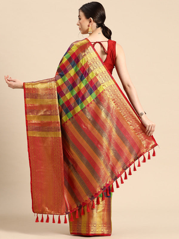 Multicolor Kanjeevaram Silk ColorBlock Checked Saree with Unstitched Blouse - Hiral Fashion | Swadesiicart