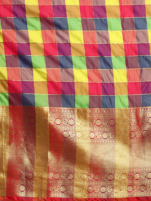 Multicolor Kanjeevaram Silk ColorBlock Checked Saree with Unstitched Blouse - Hiral Fashion | Swadesiicart