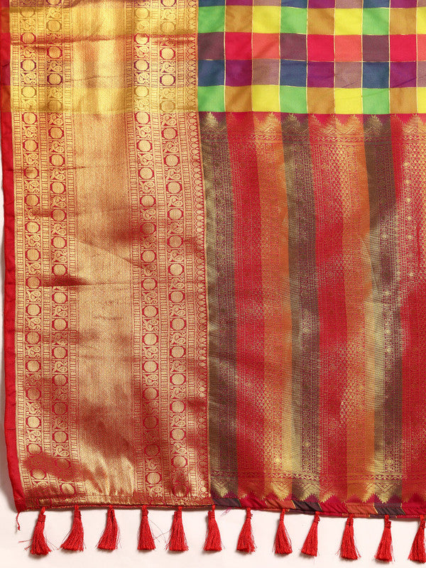 Multicolor Kanjeevaram Silk ColorBlock Checked Saree with Unstitched Blouse - Hiral Fashion | Swadesiicart