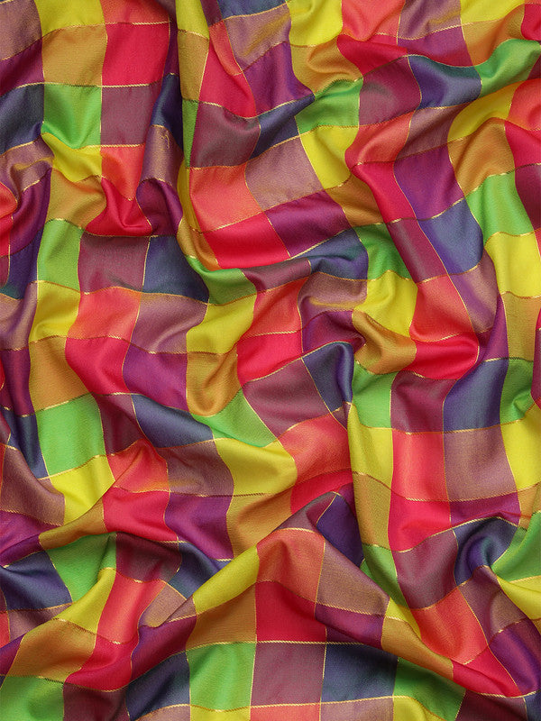 Multicolor Kanjeevaram Silk ColorBlock Checked Saree with Unstitched Blouse - Hiral Fashion | Swadesiicart