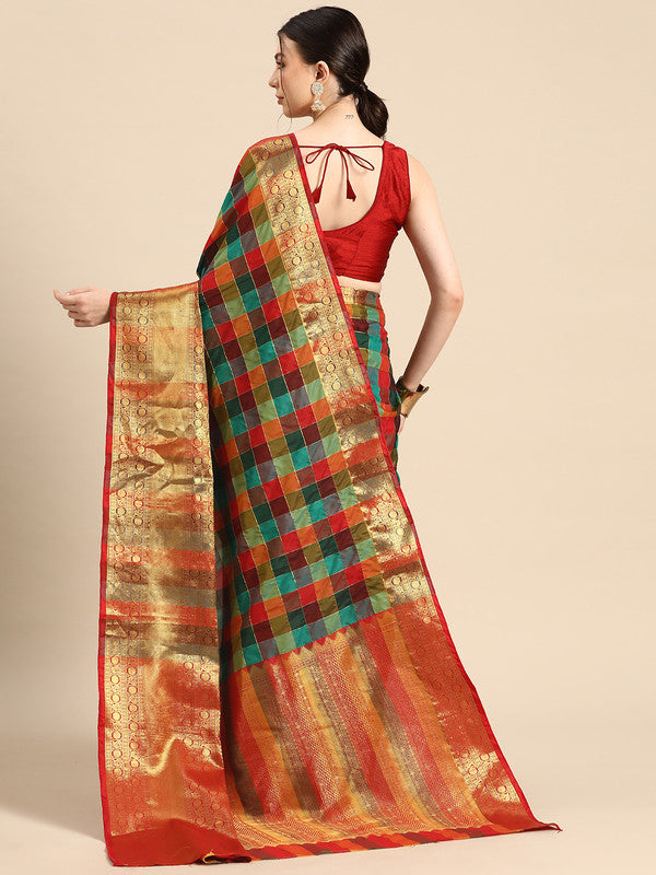 Multicolor Kanjeevaram Silk ColorBlock Checked Saree with Unstitched Blouse - Hiral Fashion | Swadesiicart