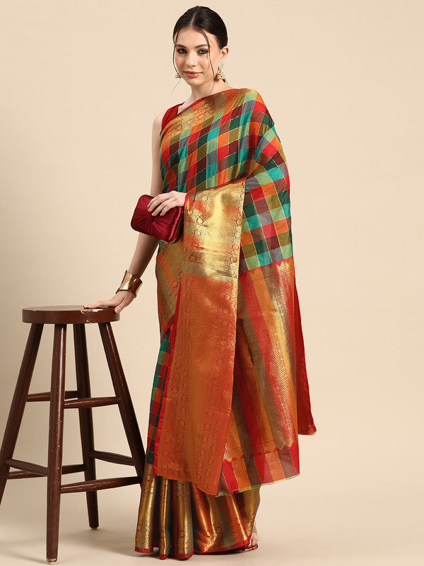 Multicolor Kanjeevaram Silk ColorBlock Checked Saree with Unstitched Blouse - Hiral Fashion | Swadesiicart