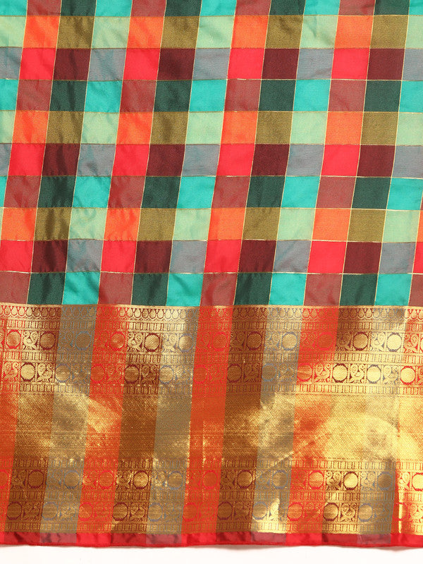 Multicolor Kanjeevaram Silk ColorBlock Checked Saree with Unstitched Blouse - Hiral Fashion | Swadesiicart
