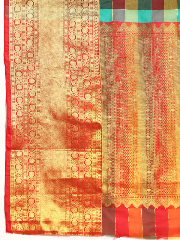 Multicolor Kanjeevaram Silk ColorBlock Checked Saree with Unstitched Blouse - Hiral Fashion | Swadesiicart