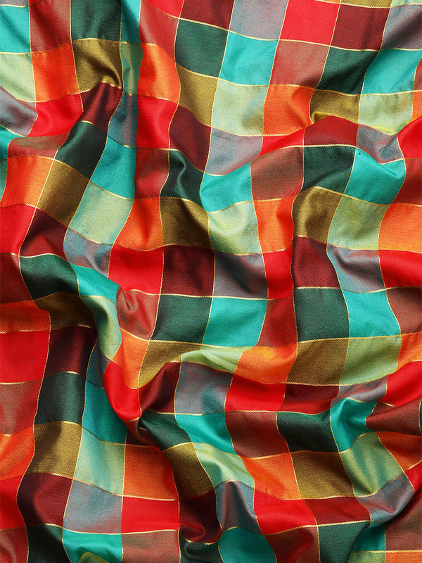 Multicolor Kanjeevaram Silk ColorBlock Checked Saree with Unstitched Blouse - Hiral Fashion | Swadesiicart