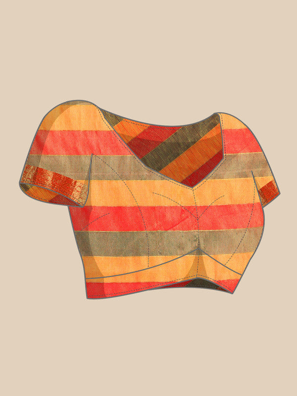 Multicolor Kanjeevaram Silk ColorBlock Checked Saree with Unstitched Blouse - Hiral Fashion | Swadesiicart