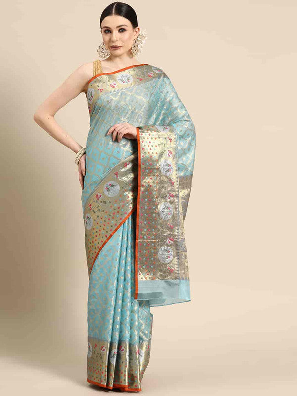 Blue Tissue Silk Woven Zari Design Geomatric Saree with Unstitched Blouse - Hiral Fashion | Swadesiicart