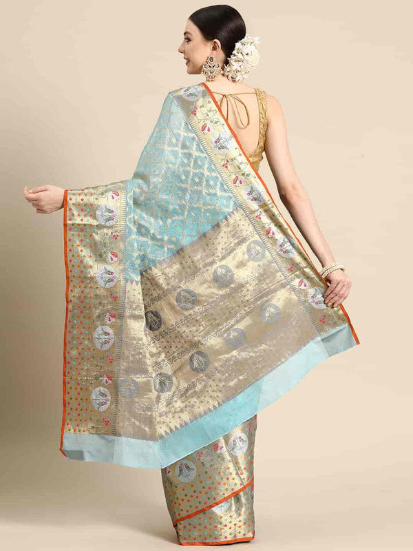 Blue Tissue Silk Woven Zari Design Geomatric Saree with Unstitched Blouse - Hiral Fashion | Swadesiicart