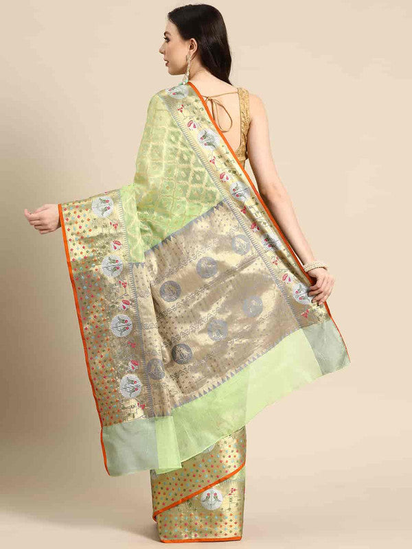 Green Tissue Silk Woven Zari Design Geomatric Saree with Unstitched Blouse - Hiral Fashion | Swadesiicart