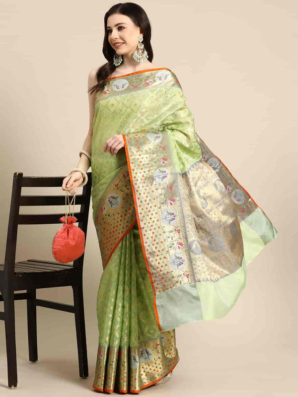 Green Tissue Silk Woven Zari Design Geomatric Saree with Unstitched Blouse - Hiral Fashion | Swadesiicart