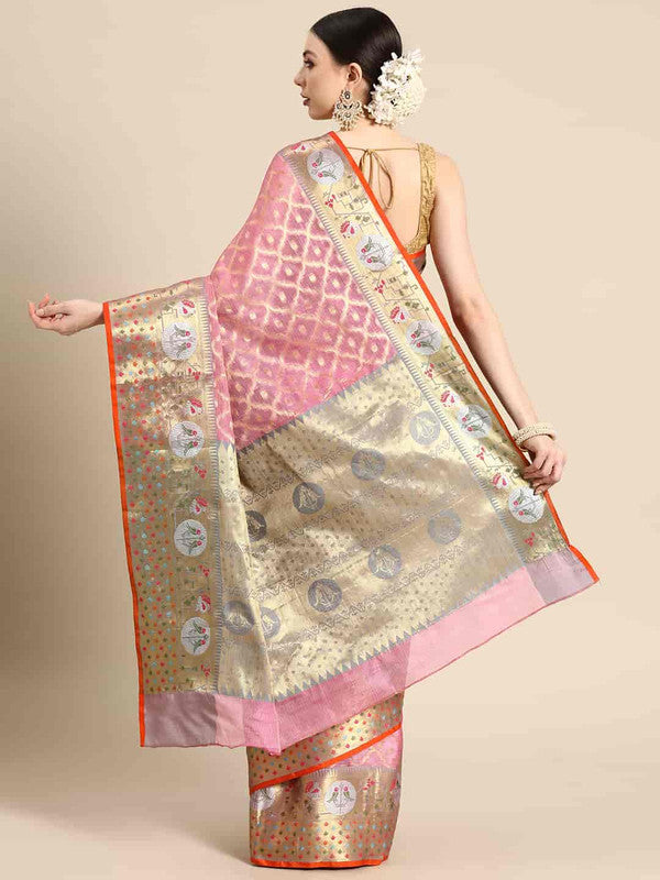 Pink Tissue Silk Woven Zari Design Geomatric Saree with Unstitched Blouse - Hiral Fashion | Swadesiicart