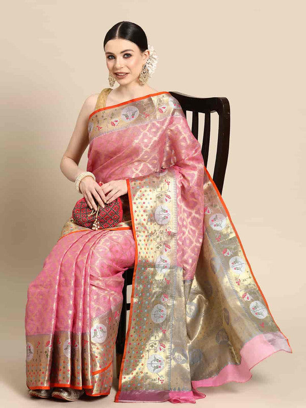 Pink Tissue Silk Woven Zari Design Geomatric Saree with Unstitched Blouse - Hiral Fashion | Swadesiicart