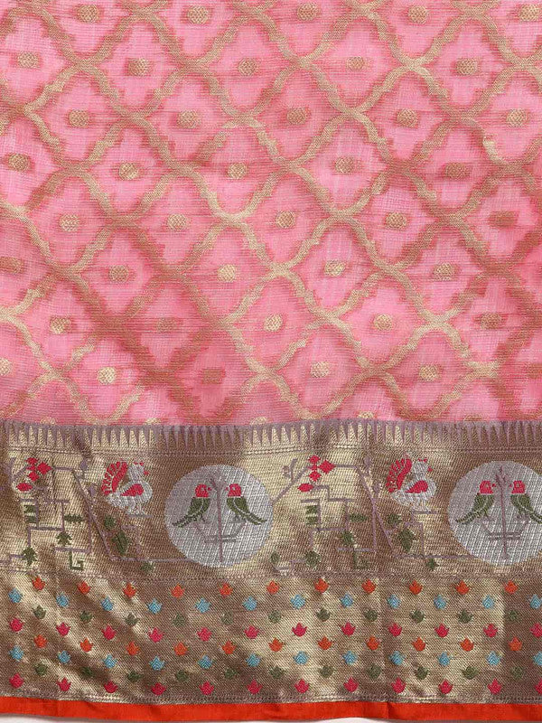 Pink Tissue Silk Woven Zari Design Geomatric Saree with Unstitched Blouse - Hiral Fashion | Swadesiicart