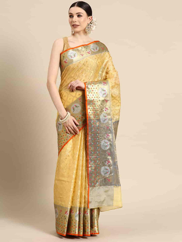 Yellow Tissue Silk Woven Zari Design Geomatric Saree with Unstitched Blouse - Hiral Fashion | Swadesiicart